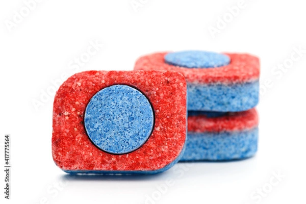 Obraz three dishwasher tablets close up on white isolated background