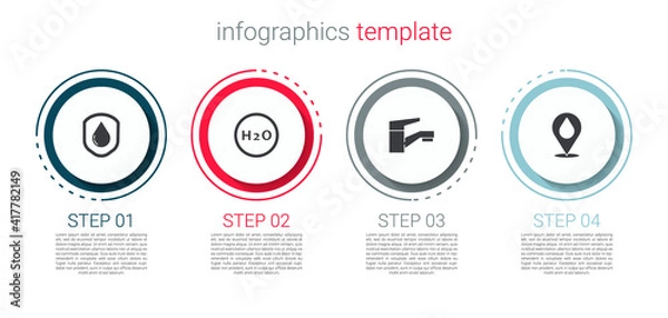 Fototapeta Set Waterproof, Chemical formula for H2O, tap and drop with location. Business infographic template. Vector.
