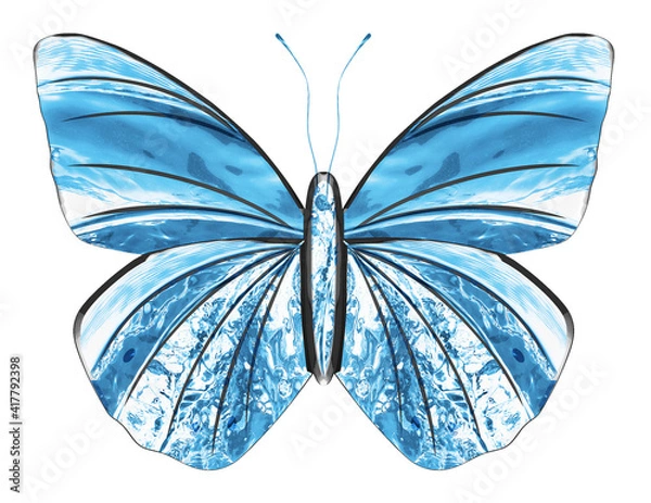 Fototapeta Created from water splash. Art blue butterfly isolated on white background