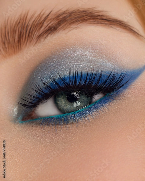 Obraz Beautiful macro shot of female eye make-up in smoky eyes style. Blue eye. Creative make-up. Perfect shape make-up and long lashes. Cosmetics. Beautiful eyes make-up. Close-up