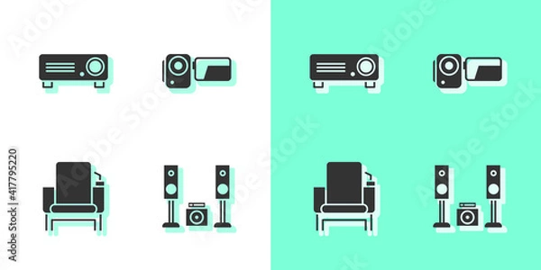 Fototapeta Set Home stereo with two speakers, Movie, film, media projector, Cinema chair and camera icon. Vector.