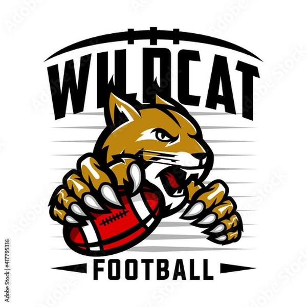 Fototapeta wildcat football team design with head mascot bobcat, lynx holding ball. Great for team or school mascot or t-shirts and others.
