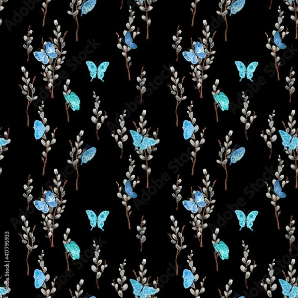 Fototapeta Pattern with bright cute butterflies and willow, in watercolor style!