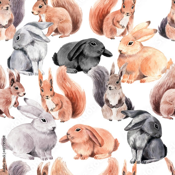 Fototapeta Watercolor pattern with cute Easter bunnies and squirrelsl. Happy Easter.