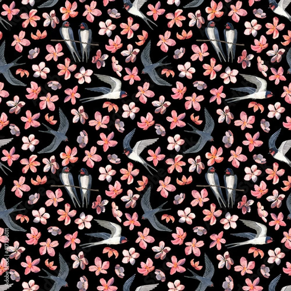 Fototapeta Watercolor pattern with cute swallows and sakura. On a dark background.