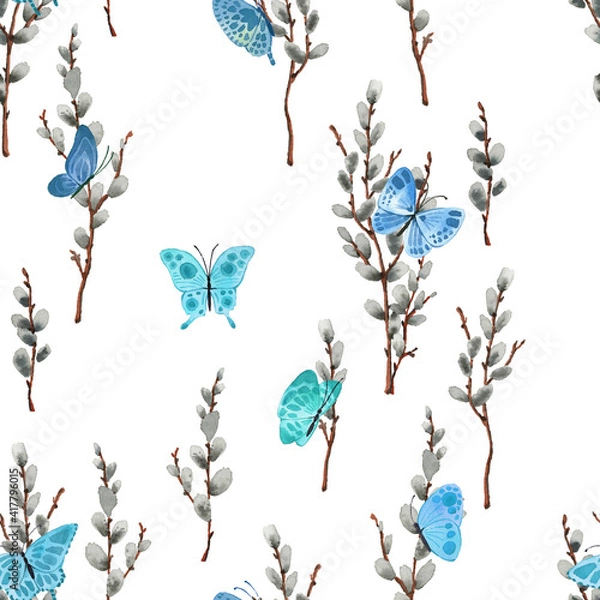 Fototapeta Pattern with bright cute butterflies and willow, in watercolor style!