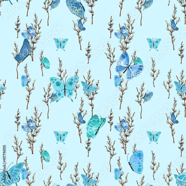 Fototapeta Pattern with bright cute butterflies and willow, in watercolor style!
