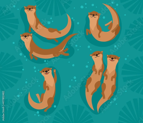 Obraz Vector set with cartoon brown otters, seaweed and bubbles