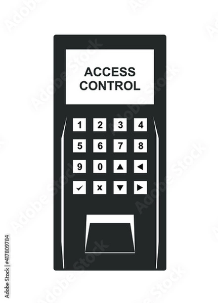 Fototapeta Biometric access control device illustration. Electronic security door lock icon with keypad and fingerprint reader, isolated on a white background.