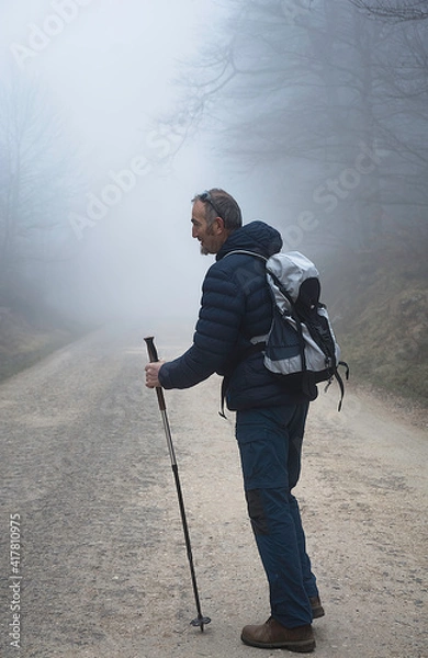 Fototapeta Male hiker with walking sticks in a forest.  Autumn or winter landscape with mist. Foggy background.