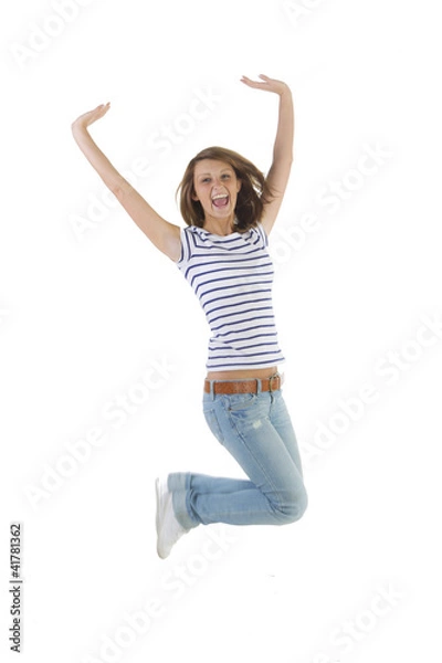 Fototapeta Junge Frau macht einen Luftsprung