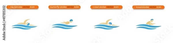 Fototapeta Set of Vector symbols depicting butterfly stroke, front crawl stroke, backstroke and breaststroke swimmers. Swimming pool icons. Sports activity in water sign. Isolated in white background.
