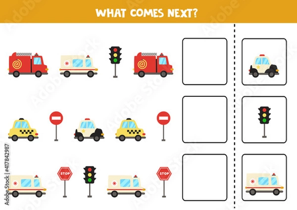 Fototapeta What comes next game with cartoon transport.