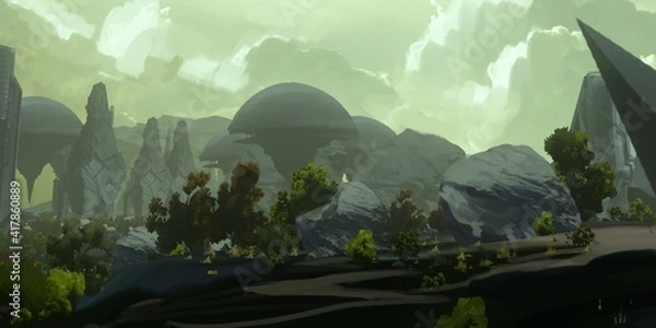 Obraz Futuristic scenery. Alien planet. Science fiction theme. Colorful artistic landscape. 2d illustration.