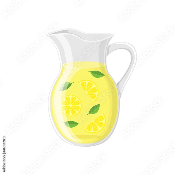 Fototapeta Glass  pitcher with lemonade or ice tea lemon slice and mint leaves vector