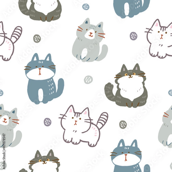 Fototapeta Seamless Pattern with Cartoon Cat Illustration Design on White Background