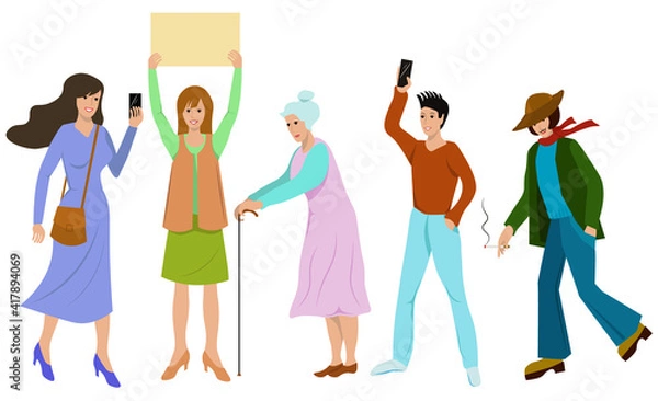 Obraz A set of different people.Smiling girl with a phone, a girl with a banner, an old woman with a stick, a smiling young man with a phone, a running man in a hat with a cigarette. Colored flat vector 