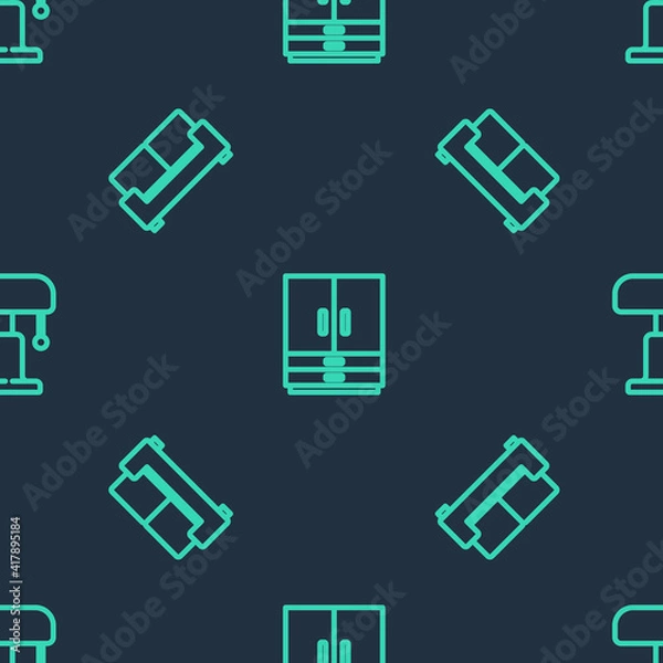 Fototapeta Set line Wardrobe, Sofa and Table lamp on seamless pattern. Vector.