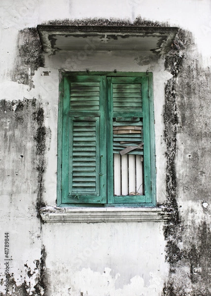 Obraz Old green woody window on Moldy wall