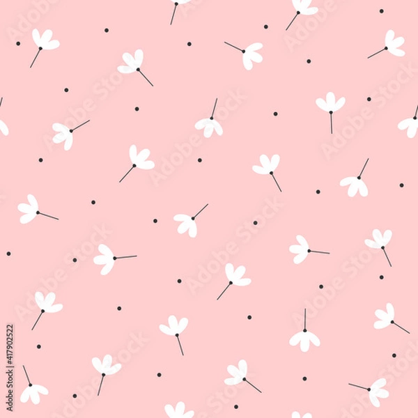 Fototapeta Cute seamless pattern with scattered flowers and dots. Simple girly print. Vector illustration.