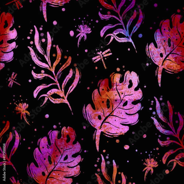Obraz Pattern of tropical purple leaves on a black background