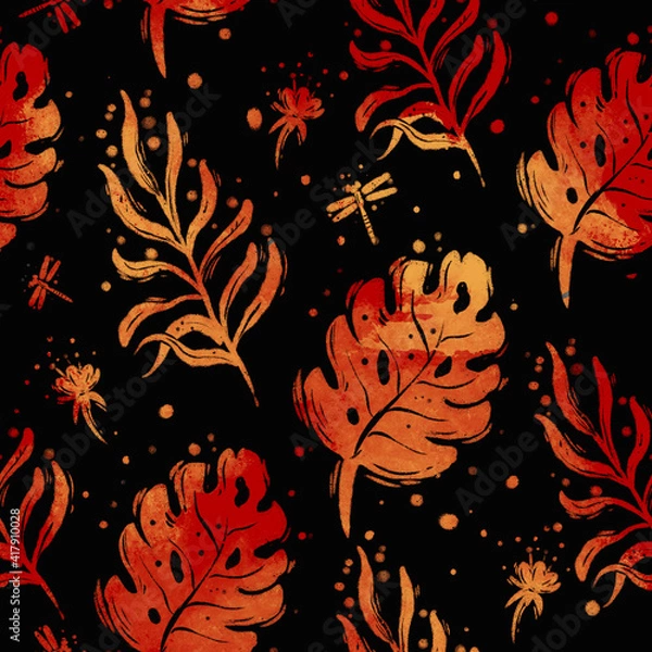 Fototapeta Pattern of tropical yellow leaves on a black background