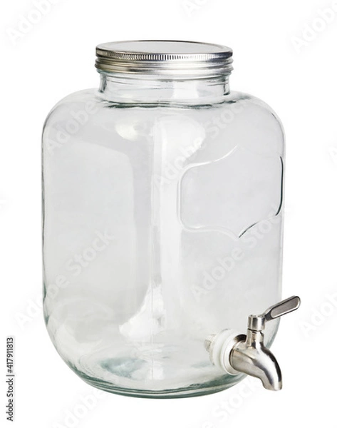 Fototapeta Big transparent glass jar with tap for refreshing summer drinks isolated on white background with clipping path