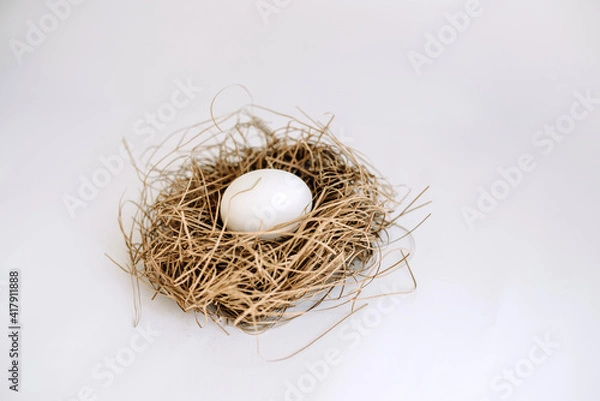 Fototapeta White egg in a nest and two white eggs on a white background close up