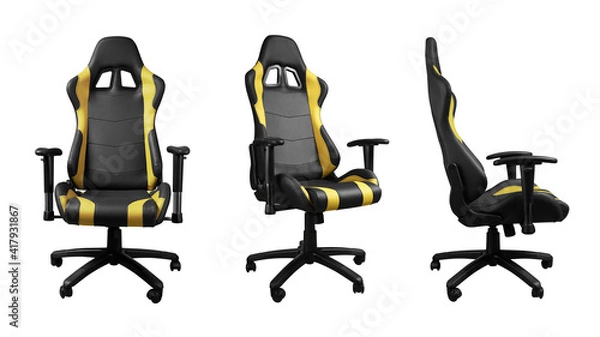 Fototapeta All angels view of black and yellow office chair isolated on white