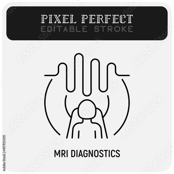 Fototapeta Human in MRI scanner thin line icon. Medical equipment for oncology detection. Pixel perfect, editable stroke. Vector illustration.