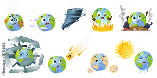 Fototapeta Set of planet earth in cartoon style with climate change problem, pollution and disasters.