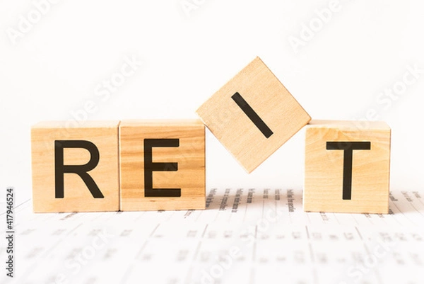 Fototapeta Word reit. Wooden small cubes with letters isolated on white background with copy space available.Business Concept image.