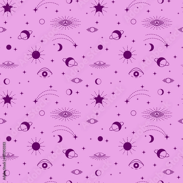 Fototapeta Set of magical items of alchemy and esotericism, stars, planets, sun, moon, third eye. Process of influence of space on fate of person, fortune telling and cards. Seamless vector pattern of tarot card