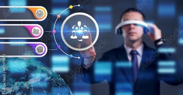 Fototapeta Business, Technology, Internet and network concept. Young businessman working on a virtual screen of the future and sees the inscription: