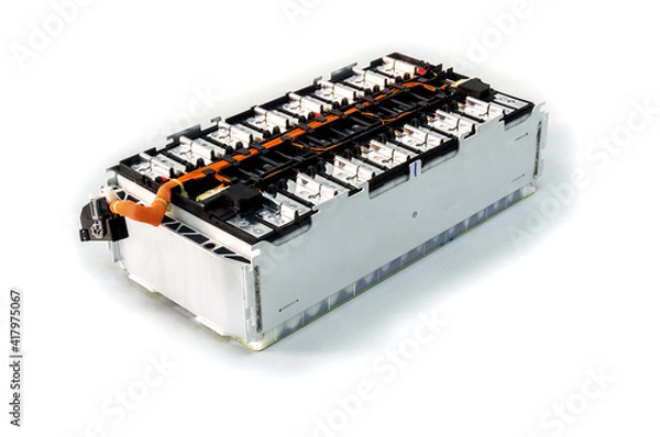 Fototapeta Selective focus of Electric car lithium battery pack and wiring connections internal between cells on background.	