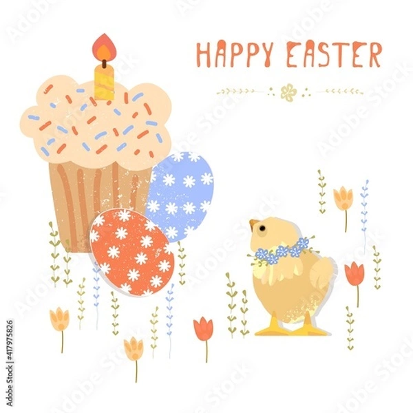 Fototapeta Vector Easter set with cute chickens and eggs in cartoon style. Easter eggs, Cake, wreath. Isolated on white