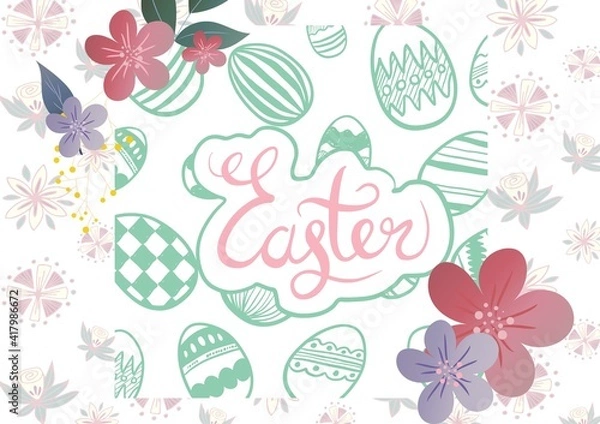 Fototapeta Easter text with flowers and easter eggs on white background