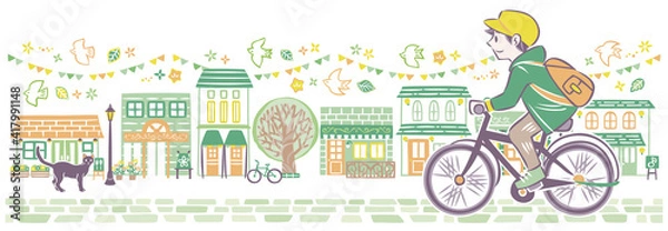 Fototapeta にぎやかな街並みで自転車に乗る男性