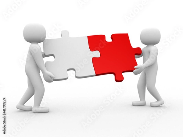 Obraz Two person matching puzzle pieces