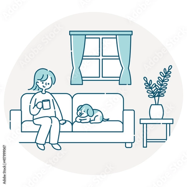 Obraz リビングのソファーに座って犬と一緒にくつろぐ女性