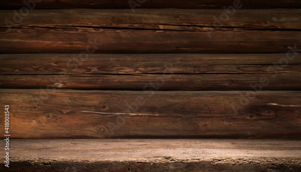 Fototapeta Selected focus empty brown wooden table and wall texture or old black brick wall blur background image. for your photomontage or product display