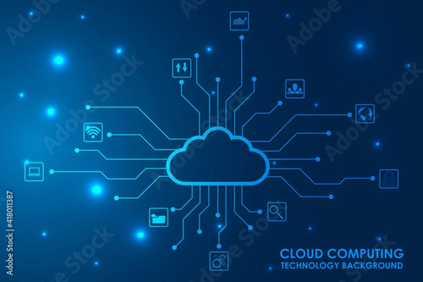 Fototapeta Cloud computing, Cyber technology background, internet data storage, database and mobile server concept, Cloud Computing network with internet icons. Vector illustration