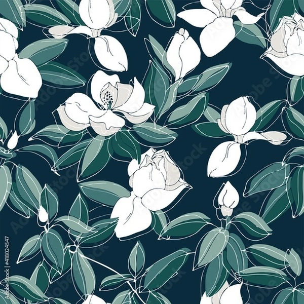 Fototapeta Seamless pattern with blooming magnolias. Beautiful white flowers on a green background.