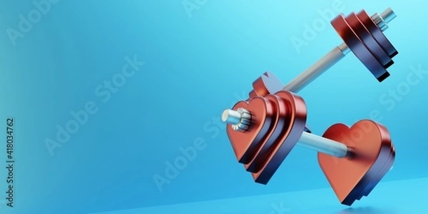 Fototapeta Sports and health concept. Sports athletic dumbbells in the shape of a heart. 3d illustration. Place for text