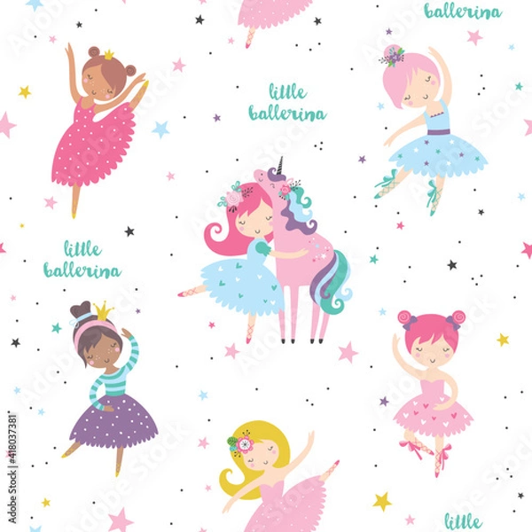 Obraz Pretty ballerinas with flowers childish seamless pattern. Creative nursery texture. Perfect for kids design, fabric, wrapping, wallpaper, textile, apparel