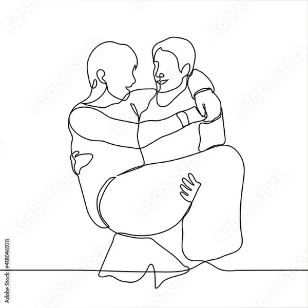 Fototapeta man carries the other in his arms, both friends are smiling - one line drawing. Vector illustration of two friends, partners, lovers, members of the same team