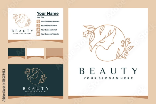 Obraz Fancy lady flower face with line art style logo and business card design. for beauty salons, massages, spas and cosmetics