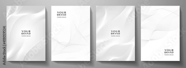 Fototapeta Modern cover design set. Gold abstract line pattern (guilloche curves) in light monochrome colors. Premium white stripe vector layout for business background, certificate, brochure template