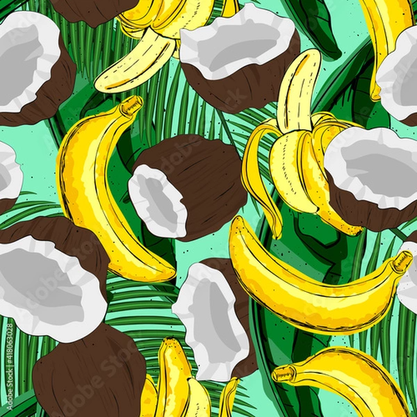 Fototapeta beautiful vector seamless pattern coconut banana palm leaves