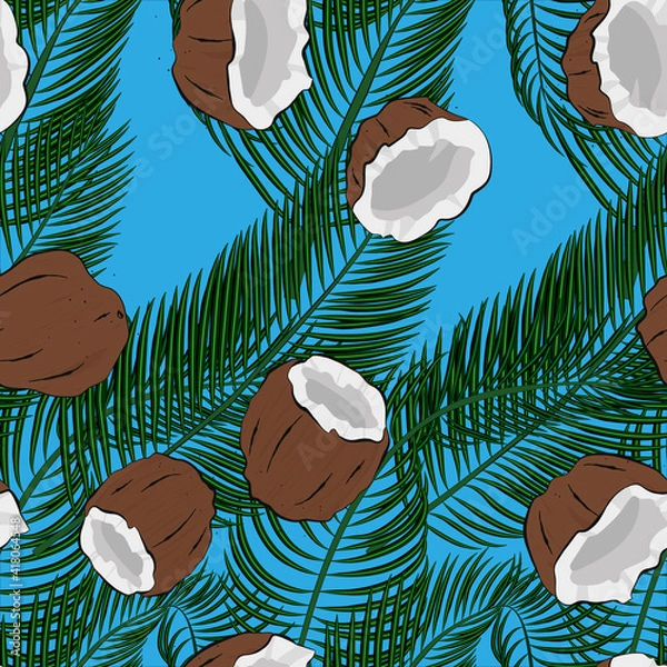 Fototapeta beautiful vector seamless pattern coconut and coconut palm leaves
